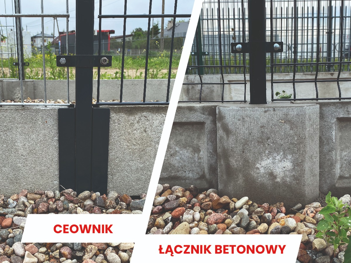 Detail of a dark metal fence post secured to a concrete base with visible gravel at the base, presented in a split-screen comparison showcasing different concrete connector types labeled 'CEOWNIK'...
