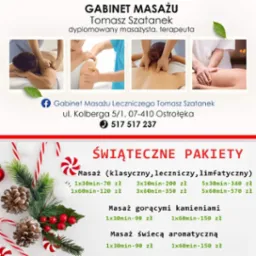 Świąteczna oferta gabinetu masażu Tomasza Szatanka z trzema zdjęciami masażu i informacjami kontaktowymi.