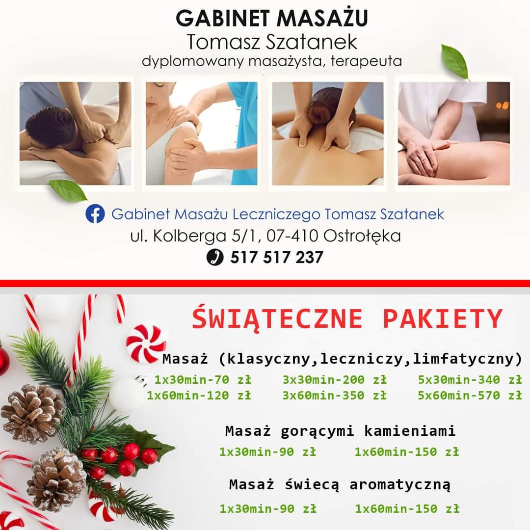 Świąteczna oferta gabinetu masażu Tomasza Szatanka z trzema zdjęciami masażu i informacjami kontaktowymi.