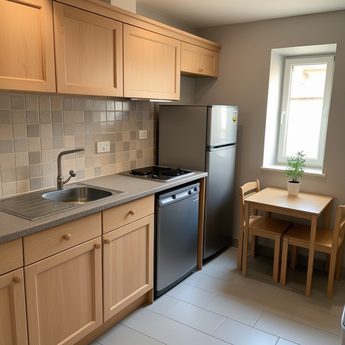 Jasna kuchnia z drewnianymi szafkami, szarą mozaiką na ścianie, srebrną lodówką i małym stolikiem z krzesłami przy oknie.