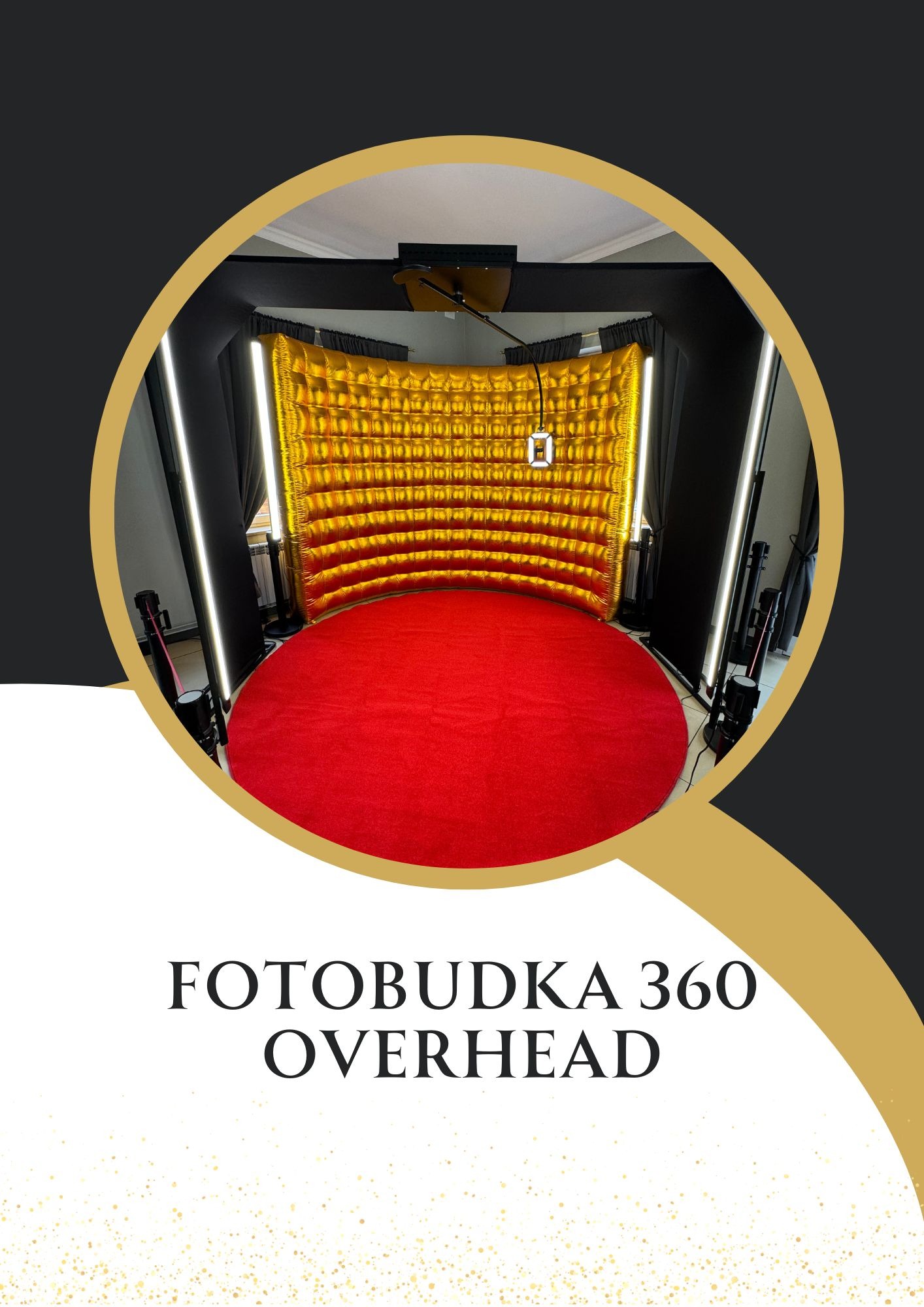 Widok z góry na rozstawioną, dmuchaną konstrukcję z oświetleniem LED i czerwonym dywanem w środku, gotową do robienia zdjęć 360 stopni.