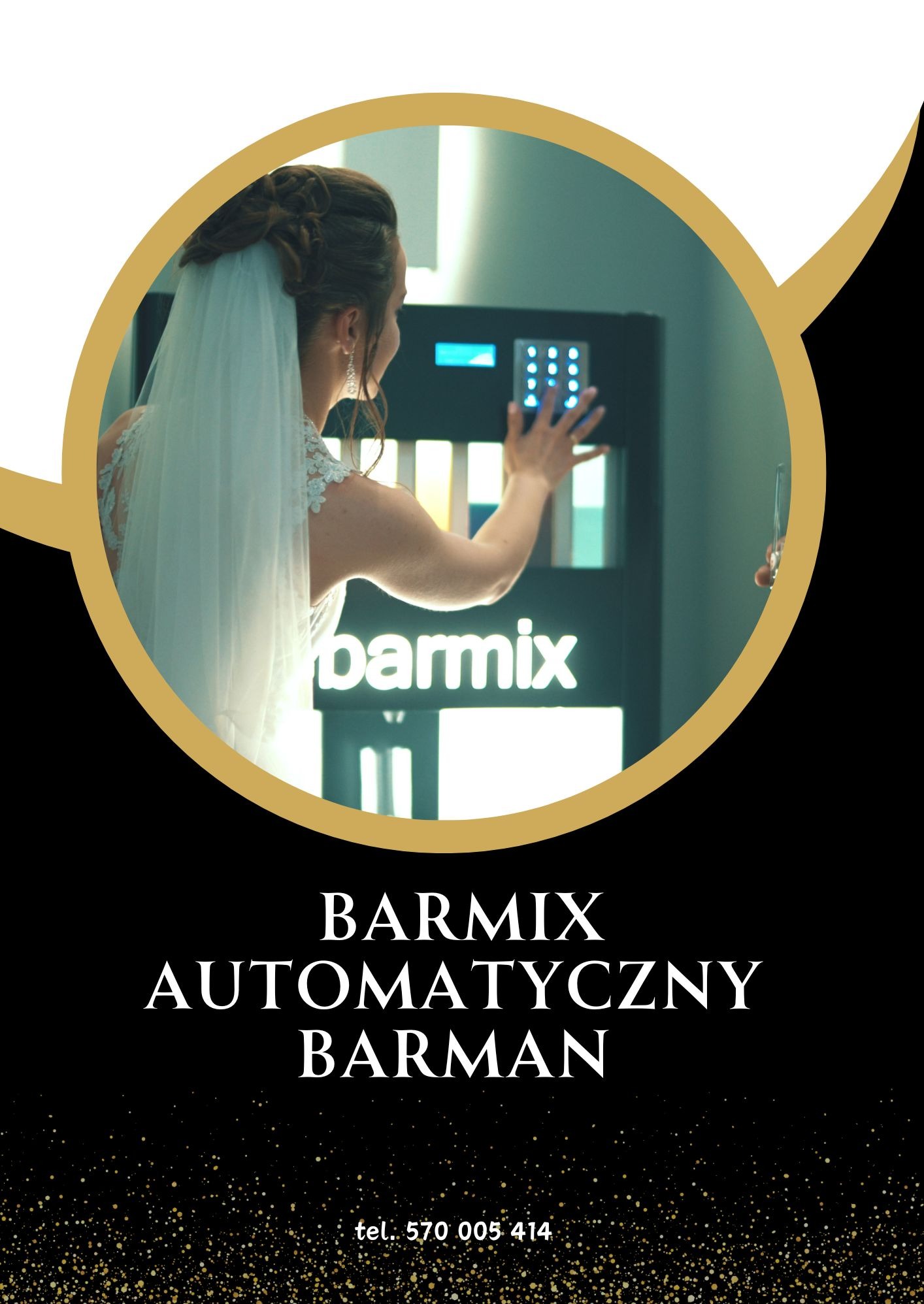 Panna młoda w welonie, dotyka panelu dotykowego automatycznego barmana Barmix na tle czarno-złotego graficznego tła reklamowego.
