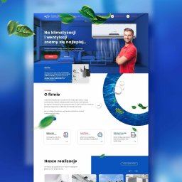 Enterdot.pl - Strona internetowa firmy oferującej usługi klimatyzacji i wentylacji, z uśmiechniętym mężczyzną na tle klimatyzatora, akcenty zielonych liści i błękitna kolorystyka.