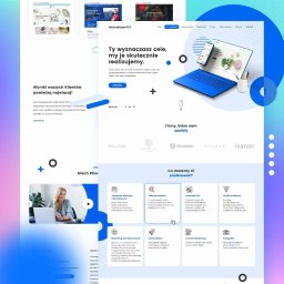 Enterdot.pl - Ilustracja strony internetowej agencji interaktywnej Interaktywni24 z wizualizacją laptopa i smartfona prezentujących stronę z ofertą świec sojowych, obok wazon z długopisami, w tle fragmenty...