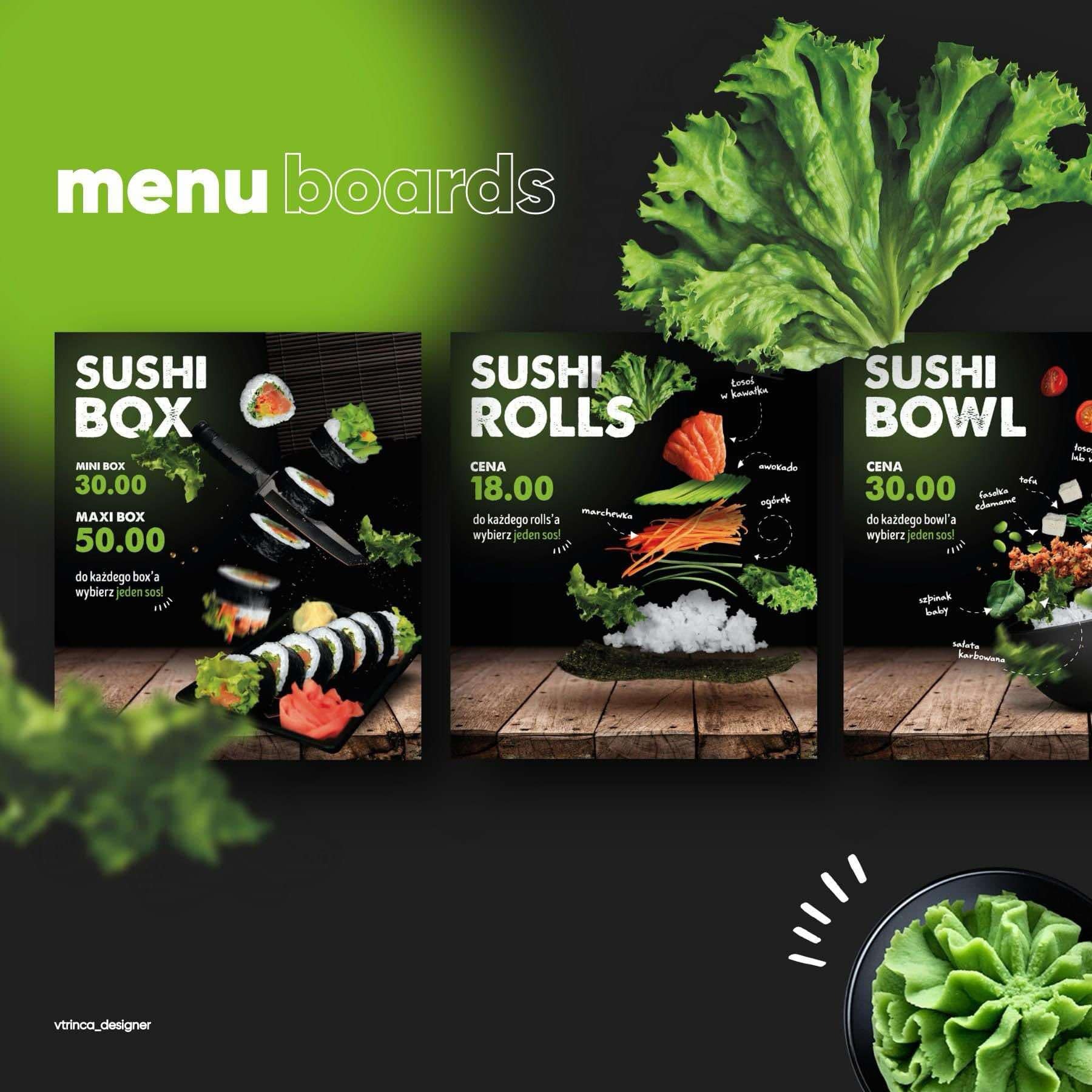 Grafika reklamowa menu restauracji sushi, prezentująca trzy warianty dań: sushi box, sushi rolls i sushi bowl, z wyszczególnionymi składnikami i cenami na ciemnym tle z drewnianym blatem.