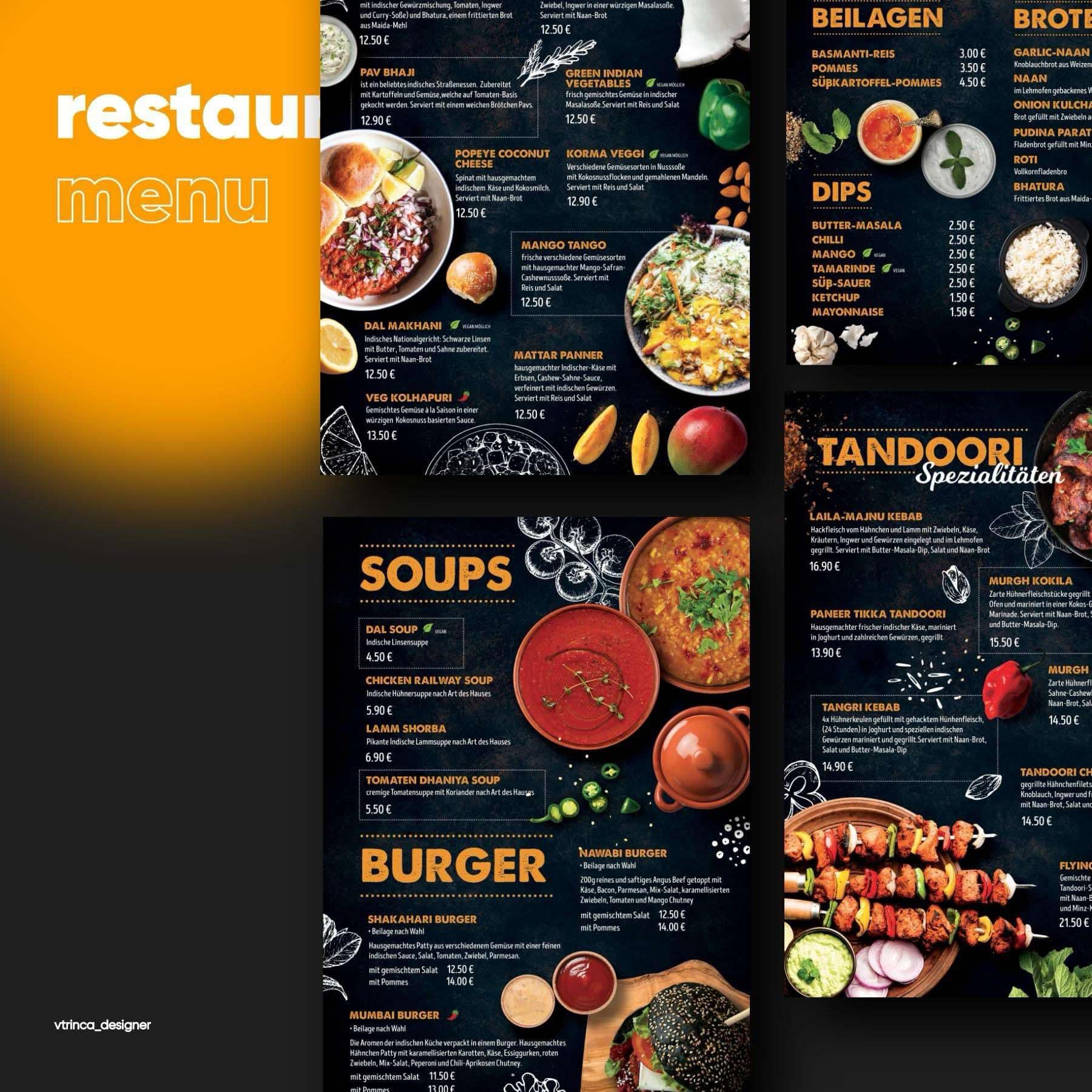 Indyjskie menu restauracji z daniami takimi jak Tandoori, Curry, Soups, Burger, Dips i Beilagen, z cenami w euro.