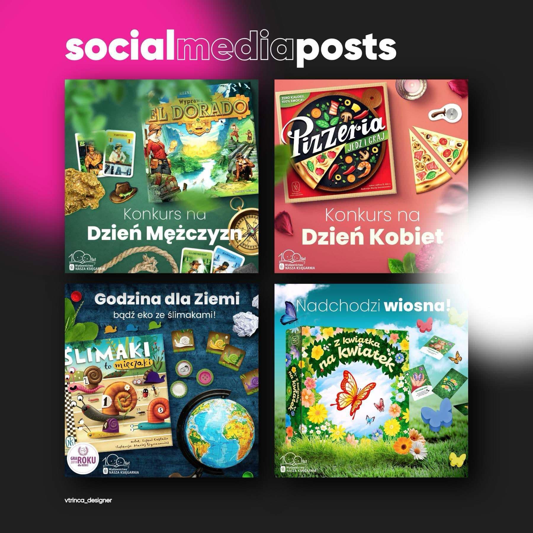 Kwadratowa kompozycja z czterema okładkami gier planszowych, każda z tytułem konkursu na Dzień Mężczyzn, Kobiet, Godzina dla Ziemi i Nadchodzi Wiosna, umieszczonymi na ciemnym tle z napisem...