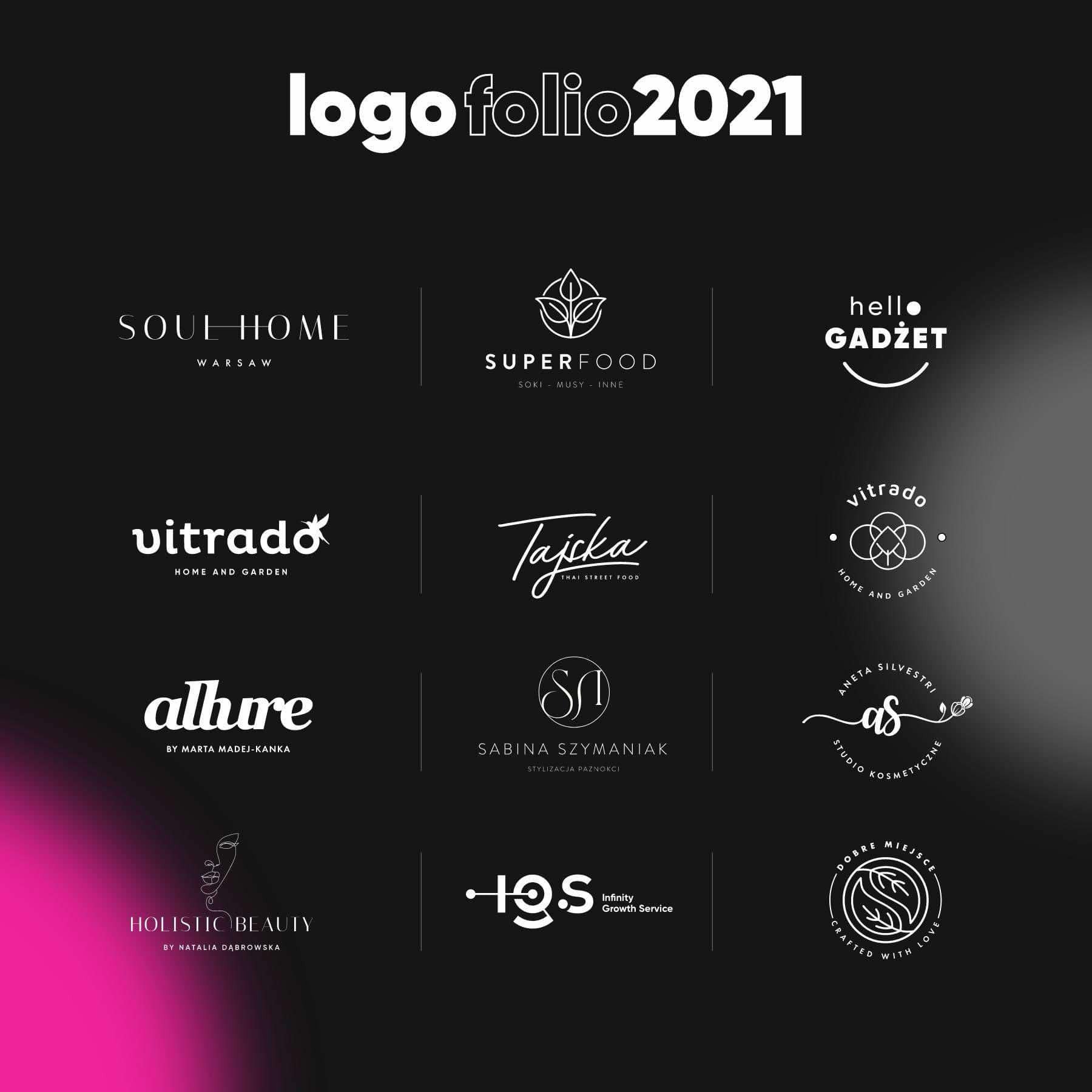 Kompilacja minimalistycznych logo na czarnym tle, prezentująca portfolio z 2021 roku, obejmująca logotypy dla różnych branż, od nieruchomości i gastronomii po kosmetykę i usługi.