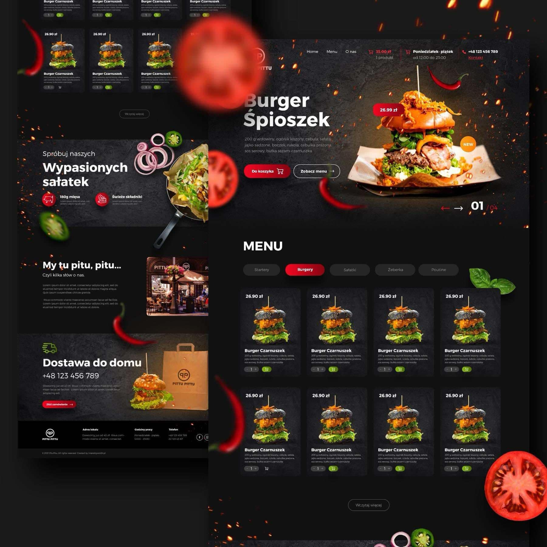 Projekt strony internetowej restauracji z menu burgerów, sałatek i dań na ciemnym tle, z elementami graficznymi warzyw i płomieni.