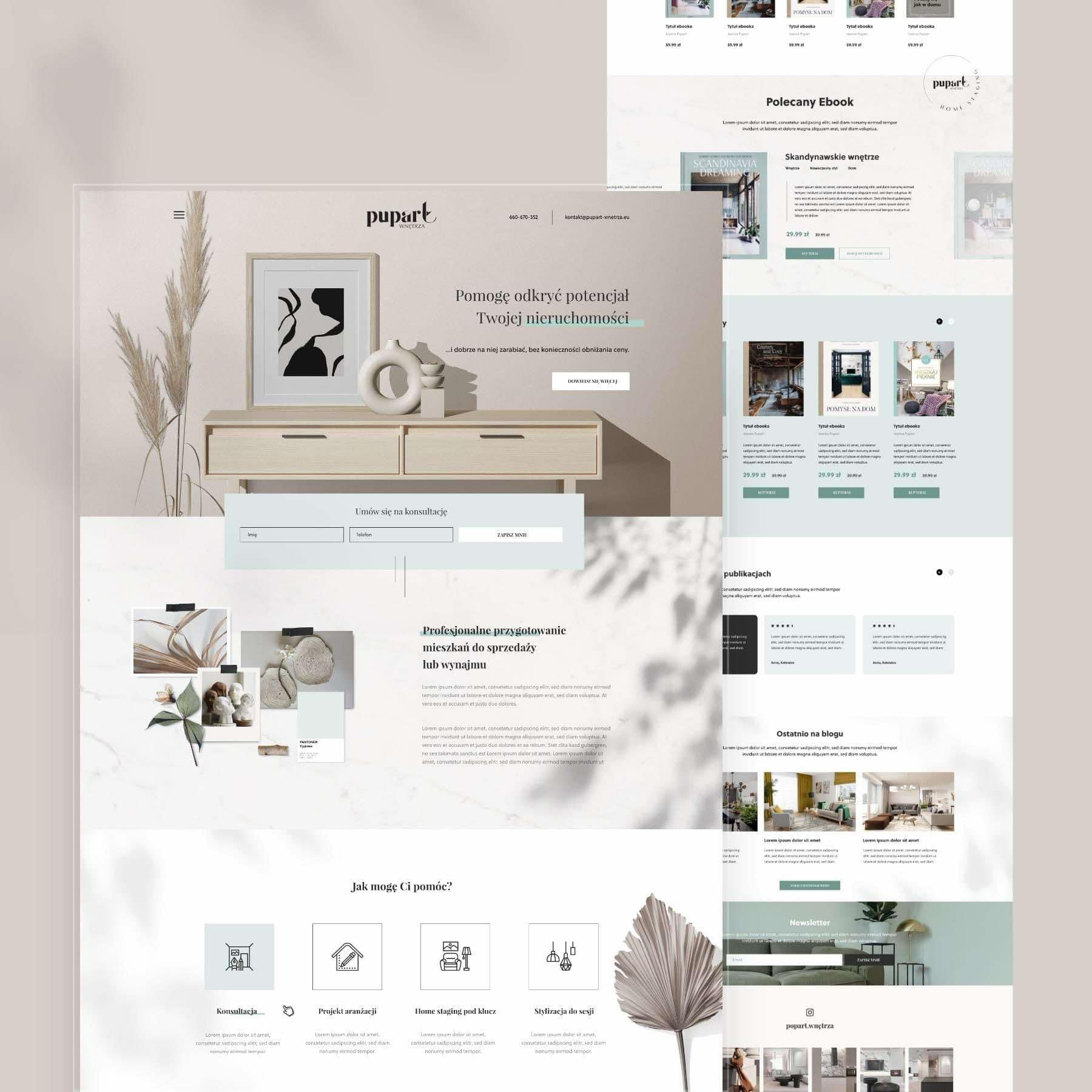 Strona internetowa firmy wnętrzarskiej 'Pupart wnętrza' z minimalistycznym designem, prezentująca ofertę profesjonalnego przygotowania mieszkań do sprzedaży lub wynajmu, z formularzem kontaktowym...