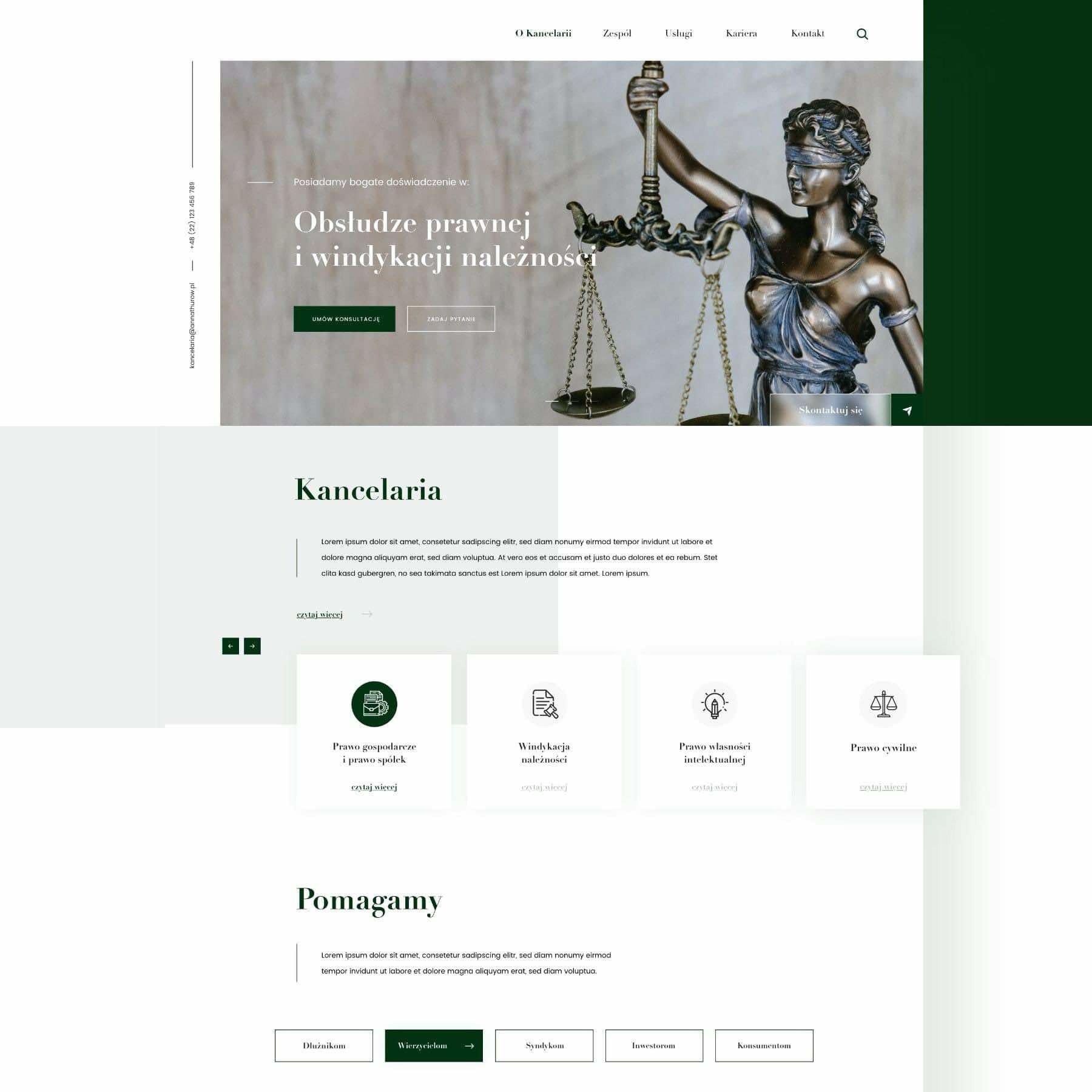 Projekt strony internetowej kancelarii prawnej z motywem Temidy i hasłem o obsłudze prawnej i windykacji należności.