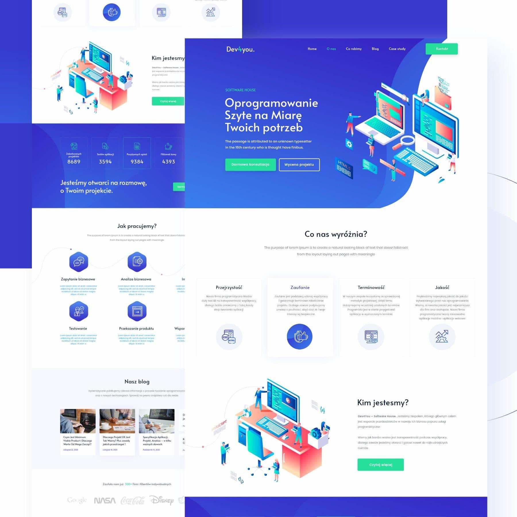 Ilustracja strony internetowej firmy programistycznej Dev4you. Układ strony zawiera nagłówek z menu, sekcję 'Oprogramowanie Szyte na Miarę Twoich potrzeb' z przyciskami CTA, wizualizację procesu...