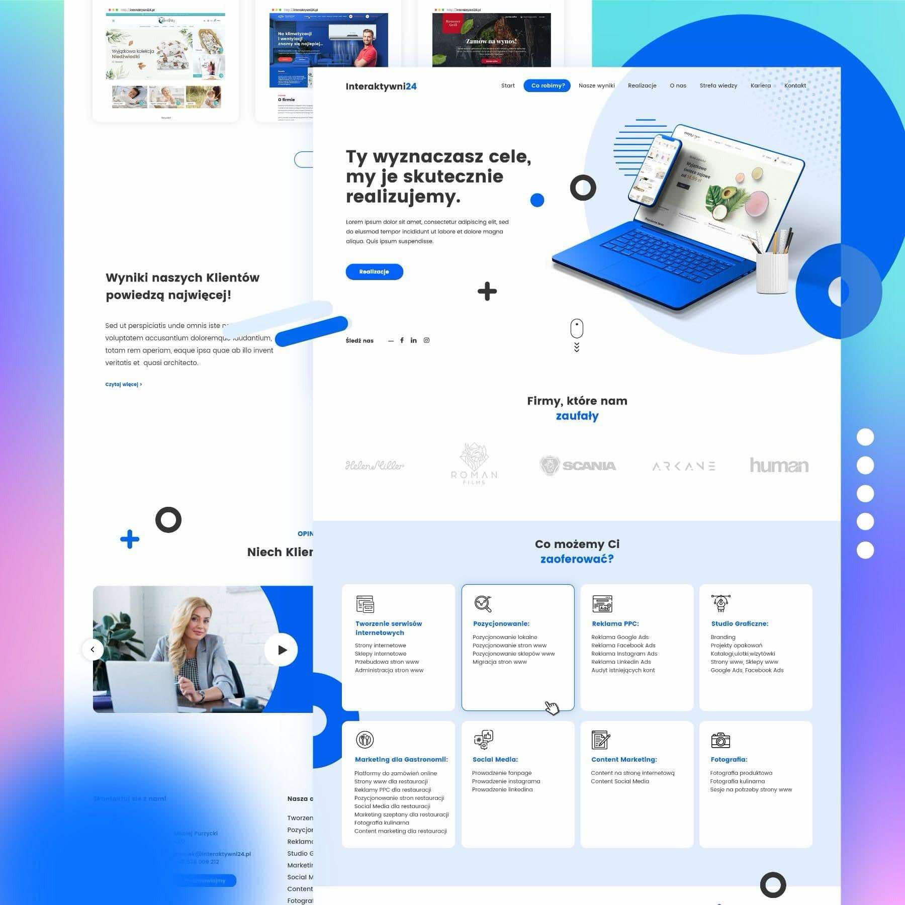 Ilustracja strony internetowej agencji interaktywnej Interaktywni24 z wizualizacją laptopa i smartfona prezentujących stronę z ofertą świec sojowych, obok wazon z długopisami, w tle fragmenty...