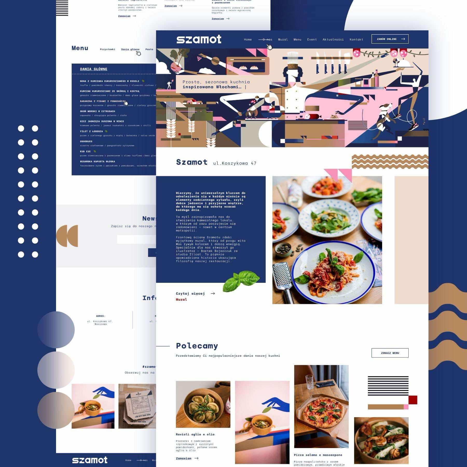 Projekt strony internetowej restauracji Szamot, prezentujący menu, adres i mural zdobiący lokal, w estetycznej kompozycji graficznej.