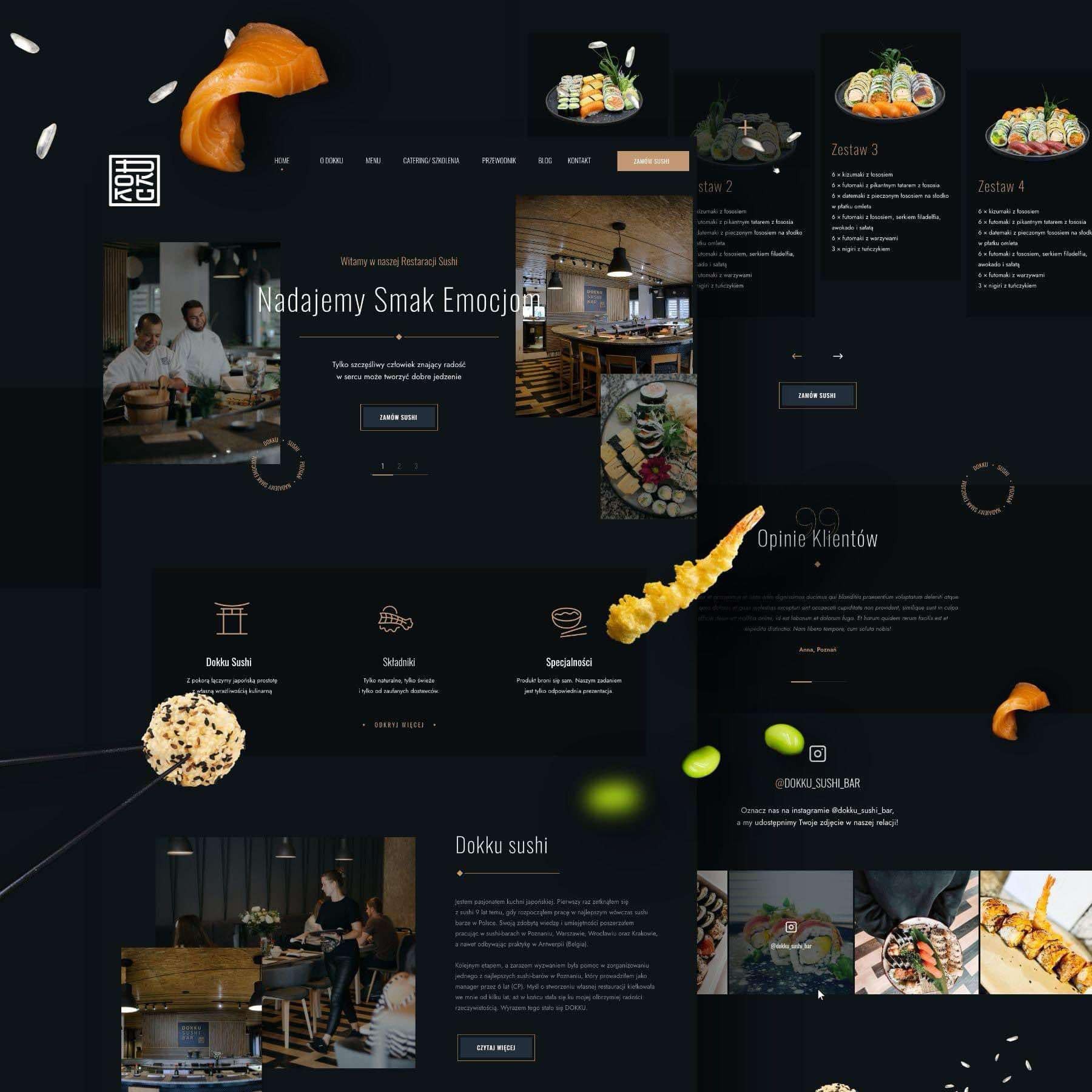 Strona internetowa restauracji sushi Dokku Sushi Bar z menu, opiniami klientów i informacjami o restauracji, utrzymana w ciemnej tonacji.