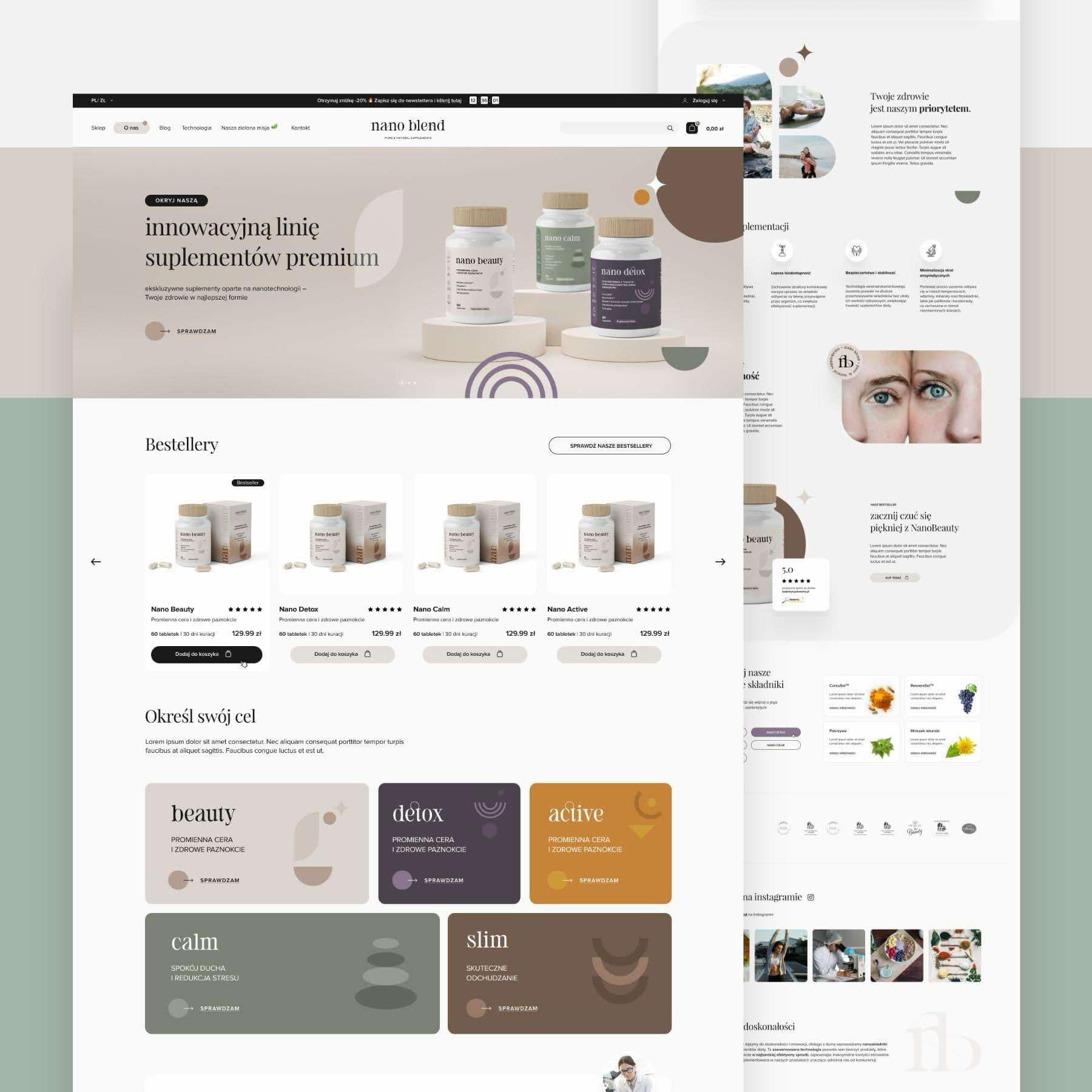 Projekt strony internetowej sklepu online z suplementami diety, prezentujący produkty 'Nano Blend' z podziałem na kategorie 'Bestsellery' i 'Określ swój cel'.