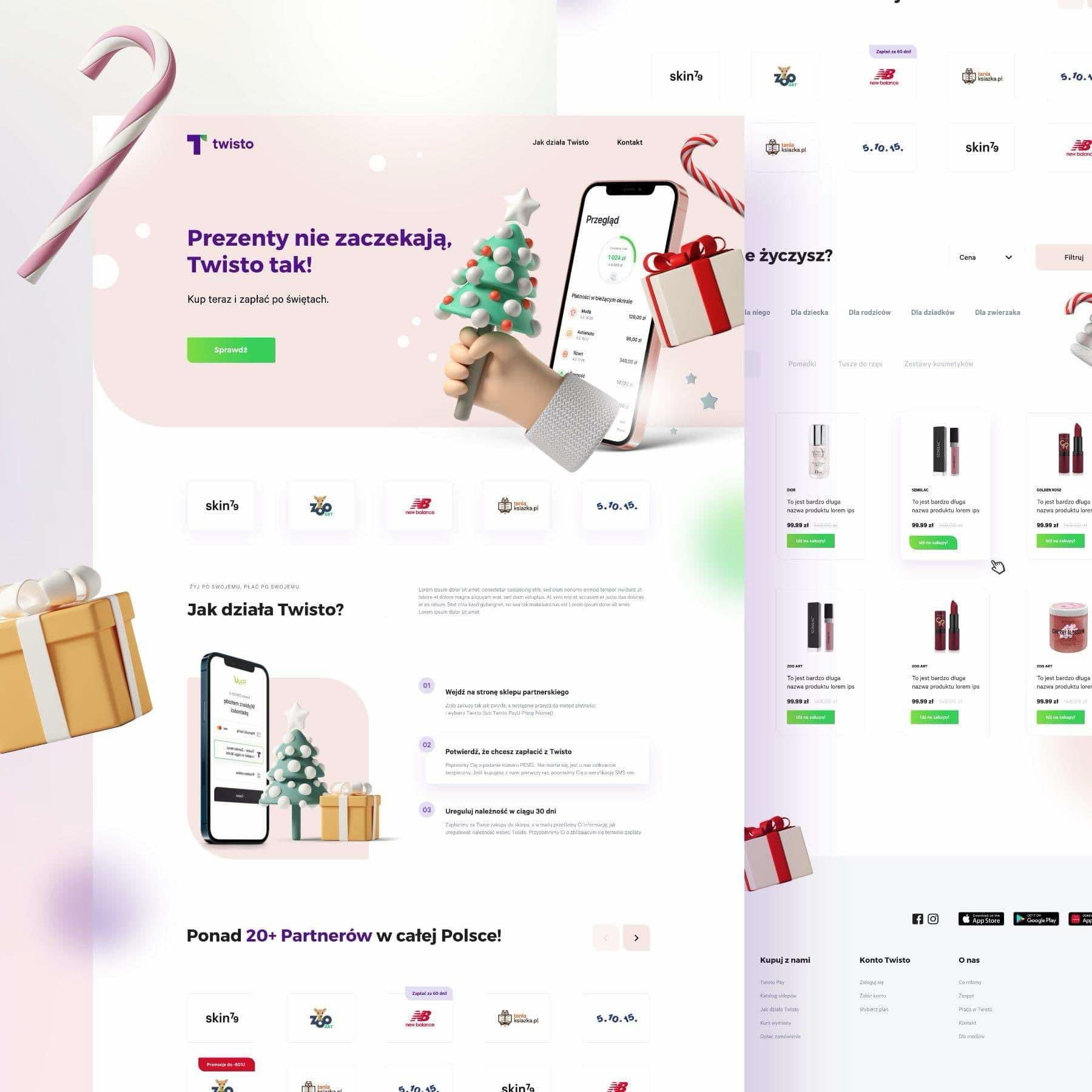 Grafika reklamowa aplikacji Twisto prezentująca opcję płatności odroczonych na tle świątecznych dekoracji i produktów kosmetycznych.