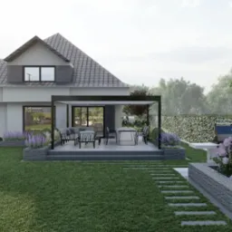 Wizualizacja ogrodu z nowoczesną pergolą, meblami ogrodowymi i ścieżką z płyt betonowych, z fragmentem domu w tle i starannie dobraną roślinnością ozdobną.