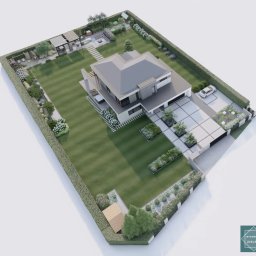 Wytwórnia Zieleni sp zoo - Wizualizacja 3D nowoczesnego domu z rozległym ogrodem, obejmującym trawnik, rabaty kwiatowe, ścieżki, altanę, plac zabaw i jacuzzi, otoczona żywopłotem.