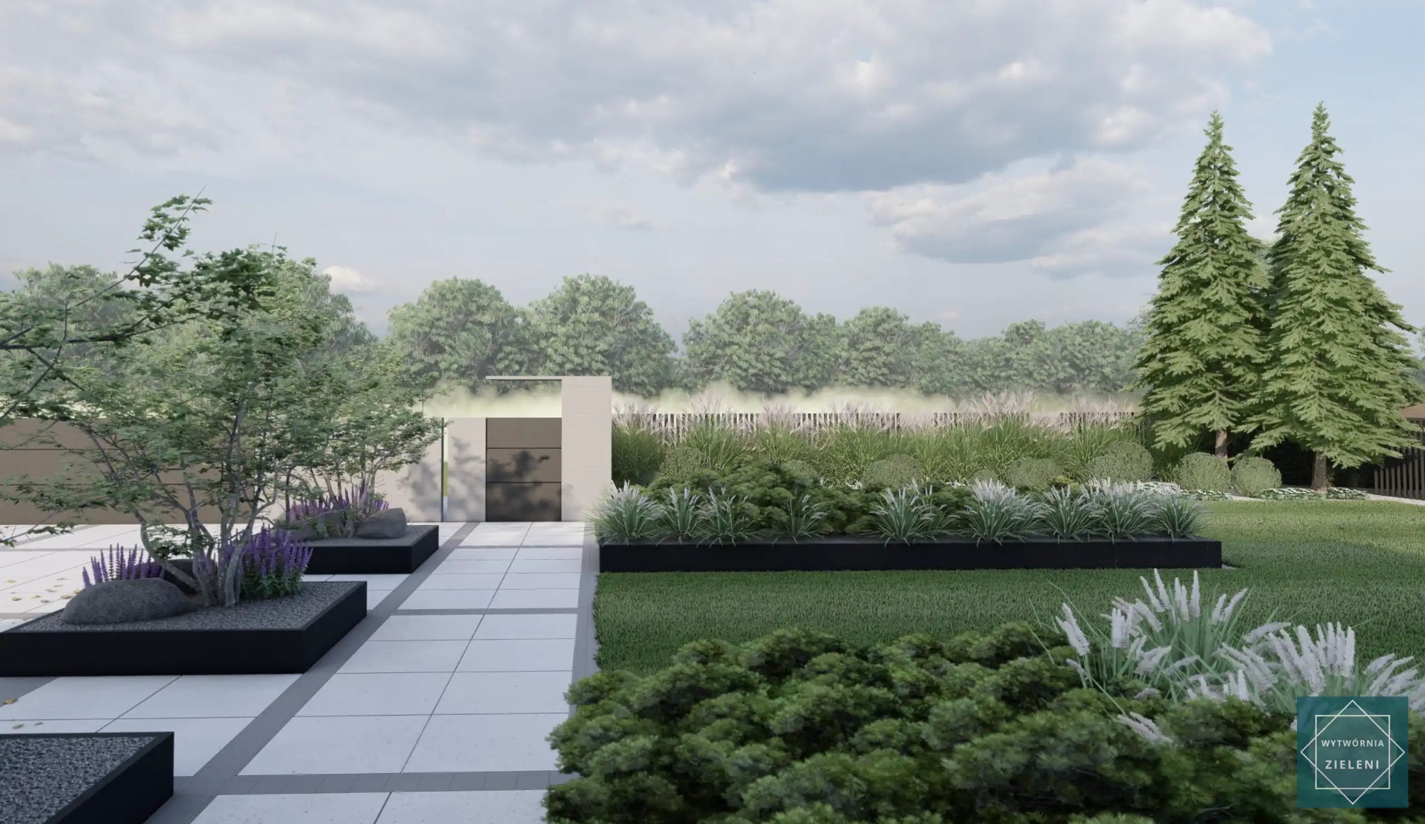 Wizualizacja ogrodu: nowoczesny projekt z geometrycznymi rabatami, drzewami w donicach i wybrukowaną ścieżką, tło z wysokimi drzewami i ozdobnymi trawami.