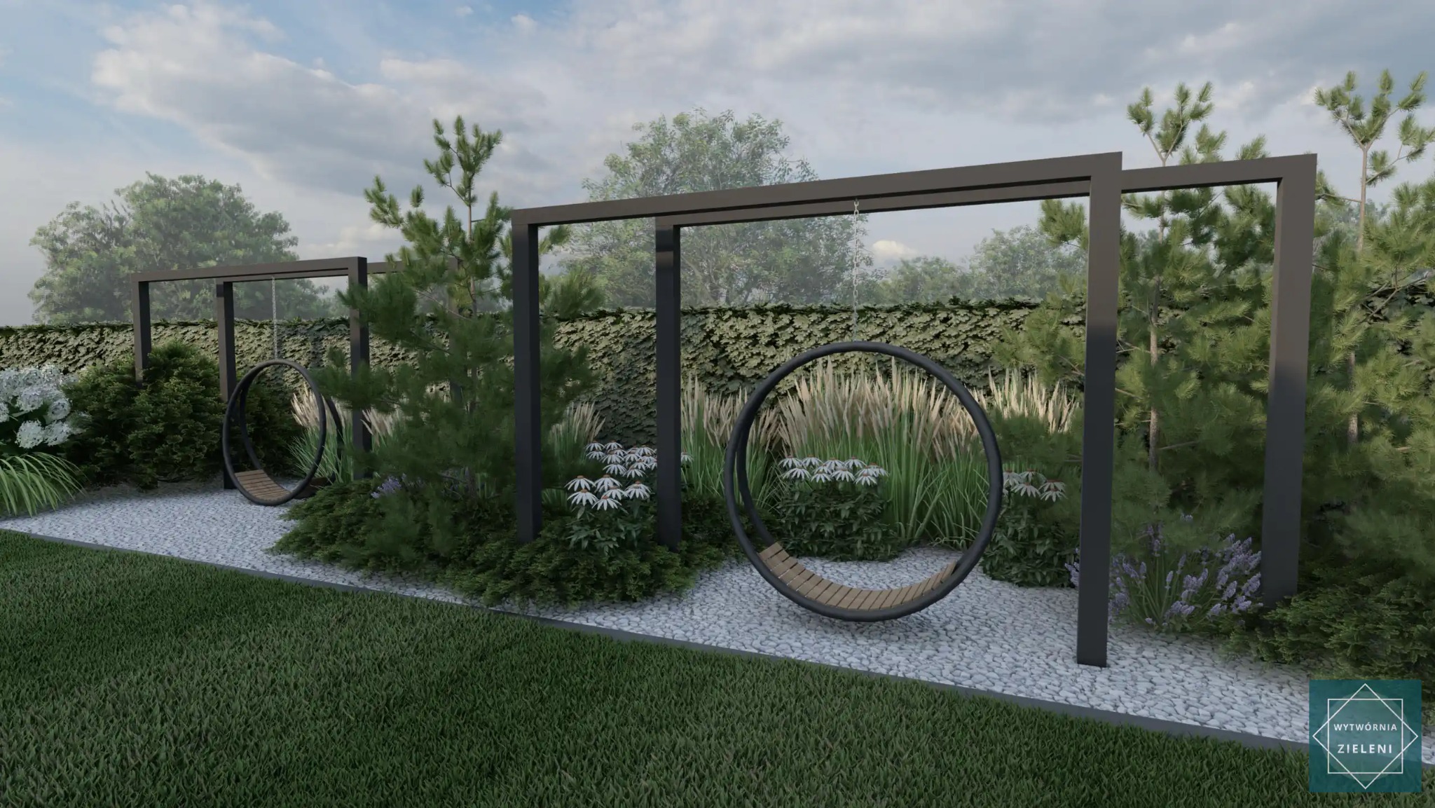 Wizualizacja ogrodu z nowoczesnymi huśtawkami w kształcie okręgów, otoczonych ozdobnymi trawami i niskimi krzewami, wykończona białym żwirem i zielonym trawnikiem.