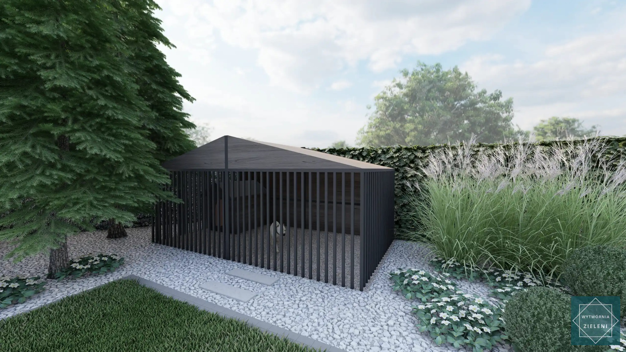 Wizualizacja projektu ogrodu z nowoczesną, minimalistyczną altaną dla psa, wyłożoną białym żwirem i otoczoną zielenią: trawnikiem, drzewem iglastym, kwitnącymi roślinami i wysokimi trawami ozdobnymi.