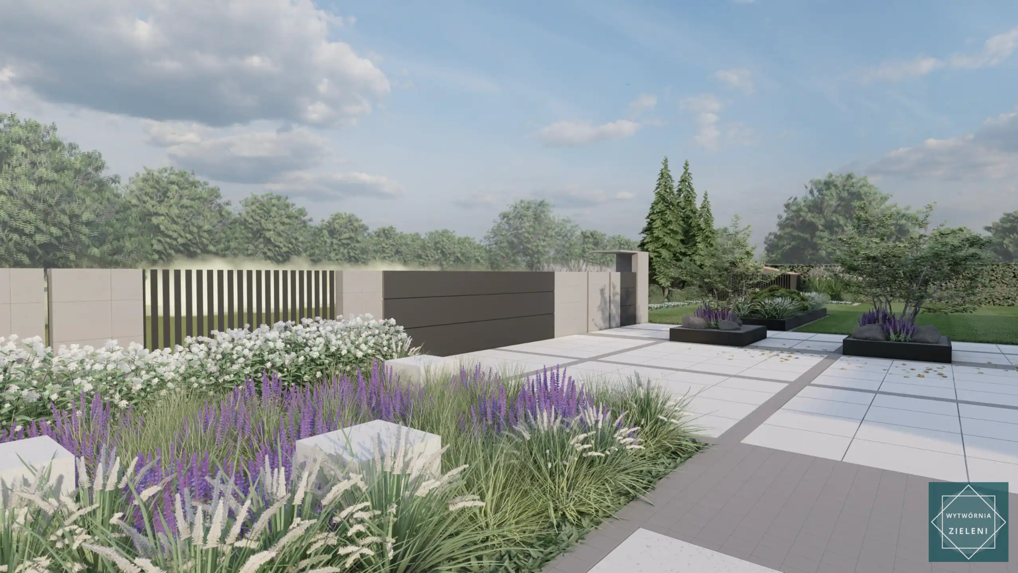 Wizualizacja ogrodu z nowoczesnym ogrodzeniem, rabatami z lawendą i białymi kwiatami oraz geometrycznymi donicami z drzewami na jasnej nawierzchni.