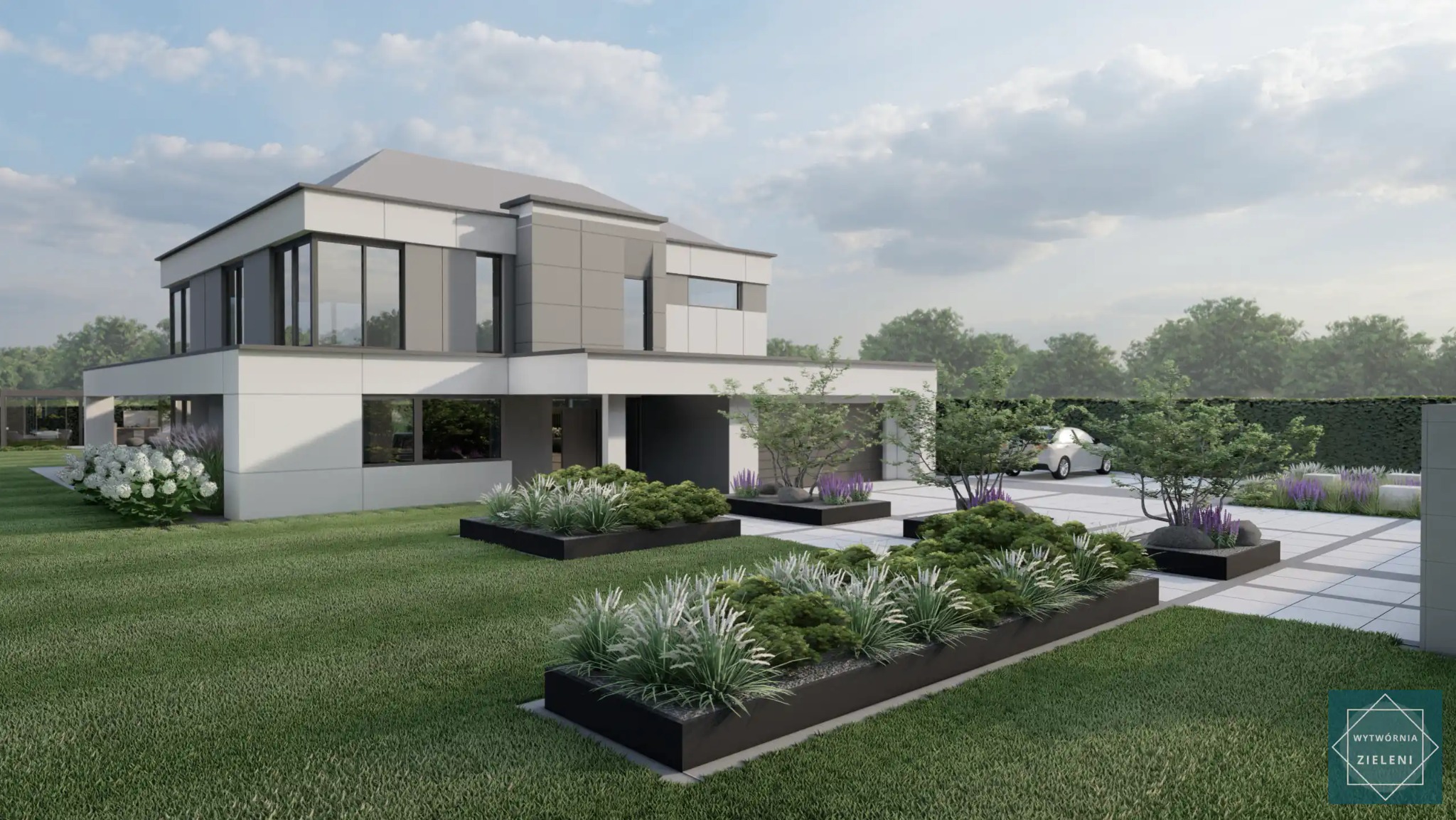 Wizualizacja nowoczesnego domu z minimalistycznym ogrodem, podłużne rabaty z ozdobnymi trawami i krzewami, jasna kostka brukowa, drzewa liściaste i zadbany trawnik.