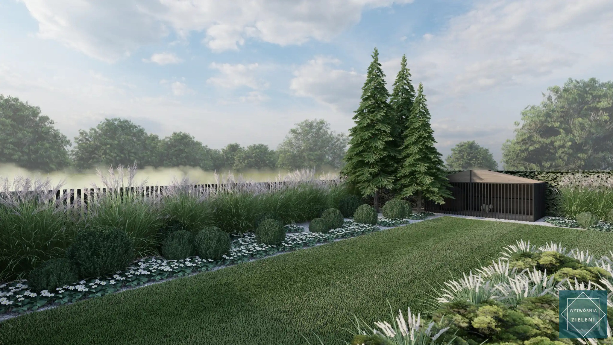 Wizualizacja ogrodu z równo przystrzyżonym trawnikiem, rabatami z białymi kwiatami i ozdobnymi trawami, trzema wysokimi świerkami i nowoczesną, ciemną altaną w tle.