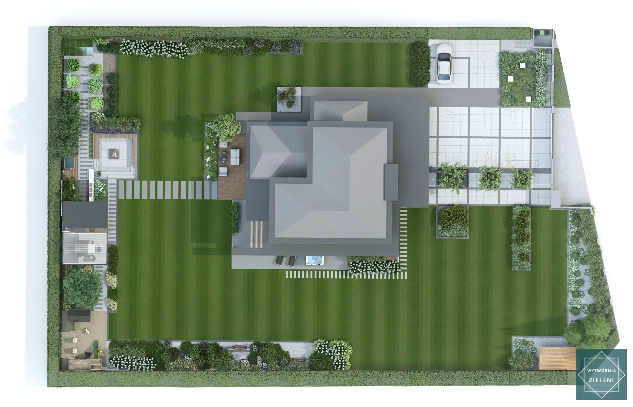 Wizualizacja 3D z lotu ptaka przedstawiająca projekt zagospodarowania przestrzeni wokół domu z równo przystrzyżonym trawnikiem, ścieżkami z płyt, miejscem na ognisko, basenem jacuzzi, tarasem...
