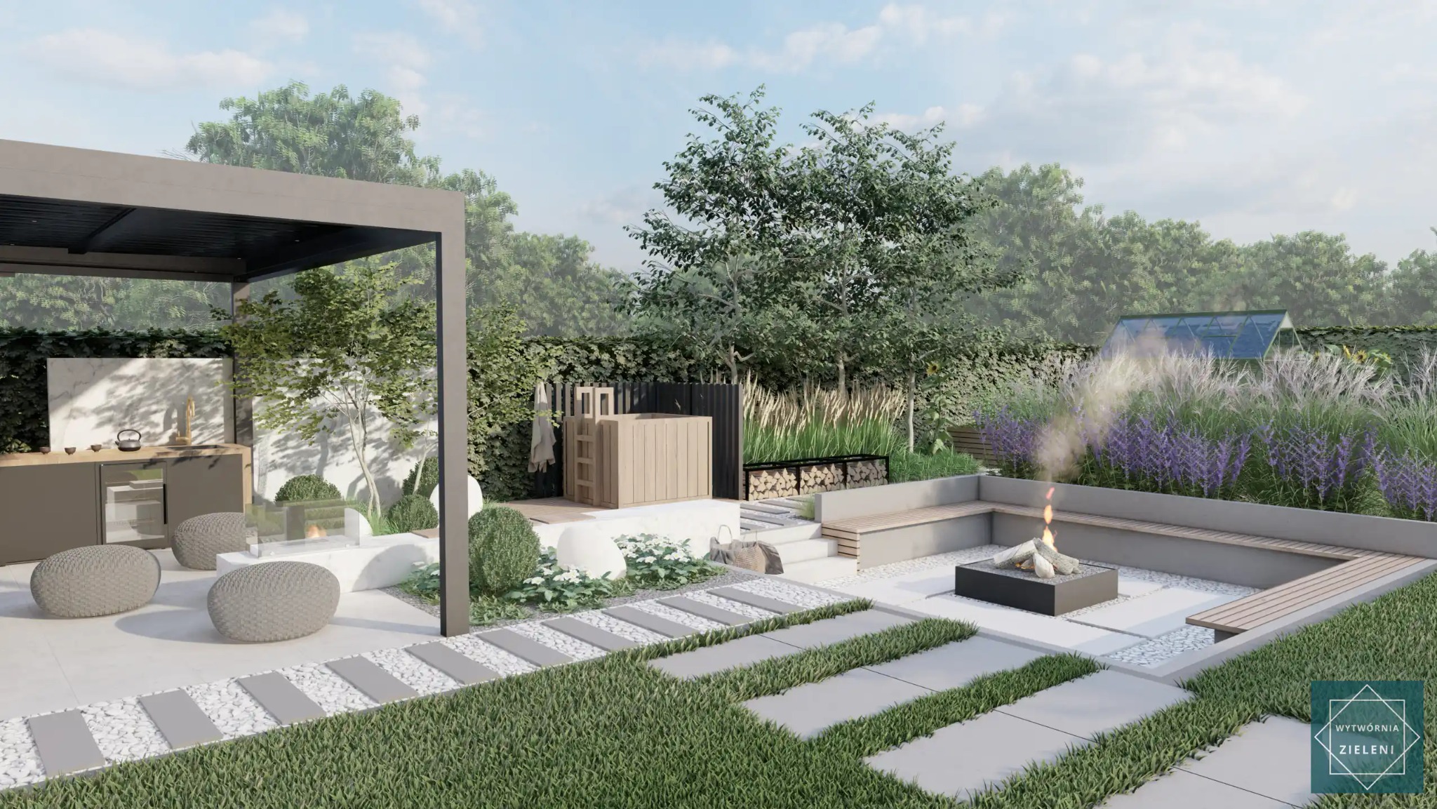 Wizualizacja ogrodu z jacuzzi, paleniskiem otoczonym ławkami, kuchnią zewnętrzną pod pergolą i ścieżką z płyt betonowych oddzielonych białym żwirem.