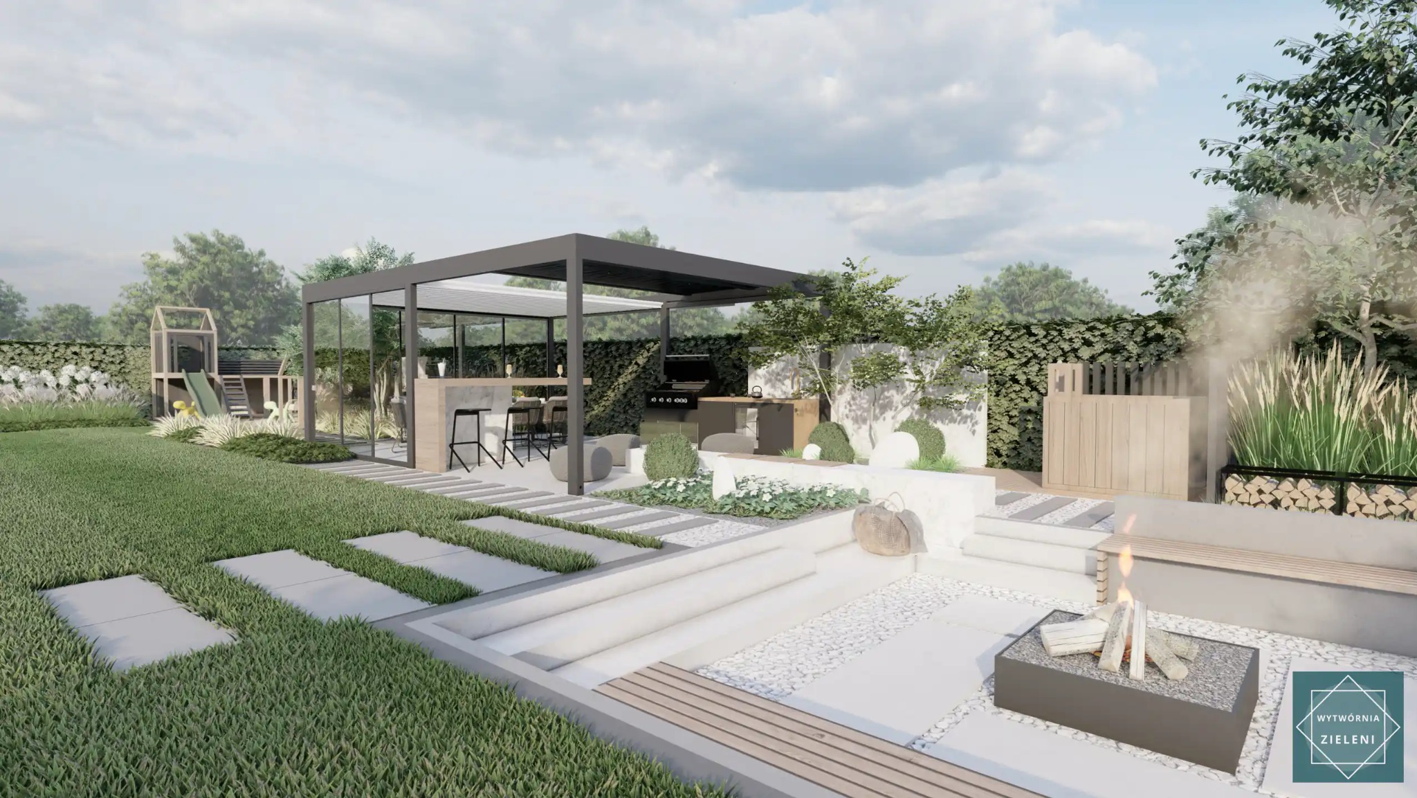 Wizualizacja nowoczesnego ogrodu z pergolą, grillem, miejscem na ognisko i placem zabaw dla dzieci w tle.