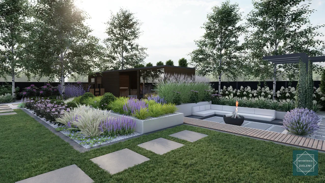 Wizualizacja ogrodu: nowoczesna aranżacja z paleniskiem, białymi sofami, ścieżką z płyt betonowych, rabatami z lawendą i trawami ozdobnymi, altaną w tle.
