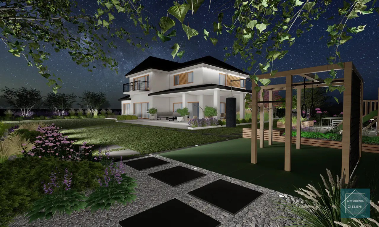 Wizualizacja ogrodu nocą z nowoczesnym domem, ścieżką z kamieni, oświetleniem punktowym i drewnianą konstrukcją do ćwiczeń na trawniku.