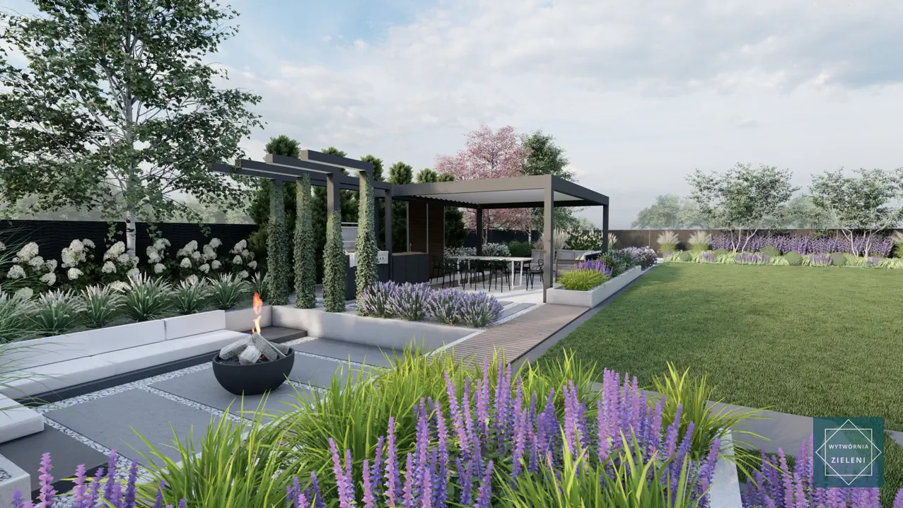 Nowoczesny ogród z paleniskiem, pergolą, zabudową kuchenną i starannie dobraną roślinnością, w tym kwitnącą lawendą i wysokimi cyprysami.