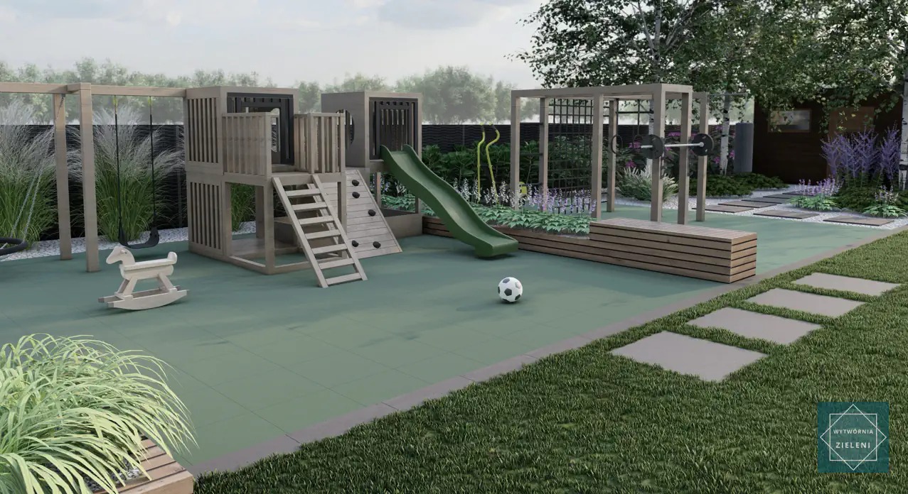 Wizualizacja ogrodu z placem zabaw dla dzieci, huśtawką, zjeżdżalnią, drewnianym konikiem na biegunach i miejscem do ćwiczeń z obciążeniem, otoczona roślinnością i ścieżką z płyt.