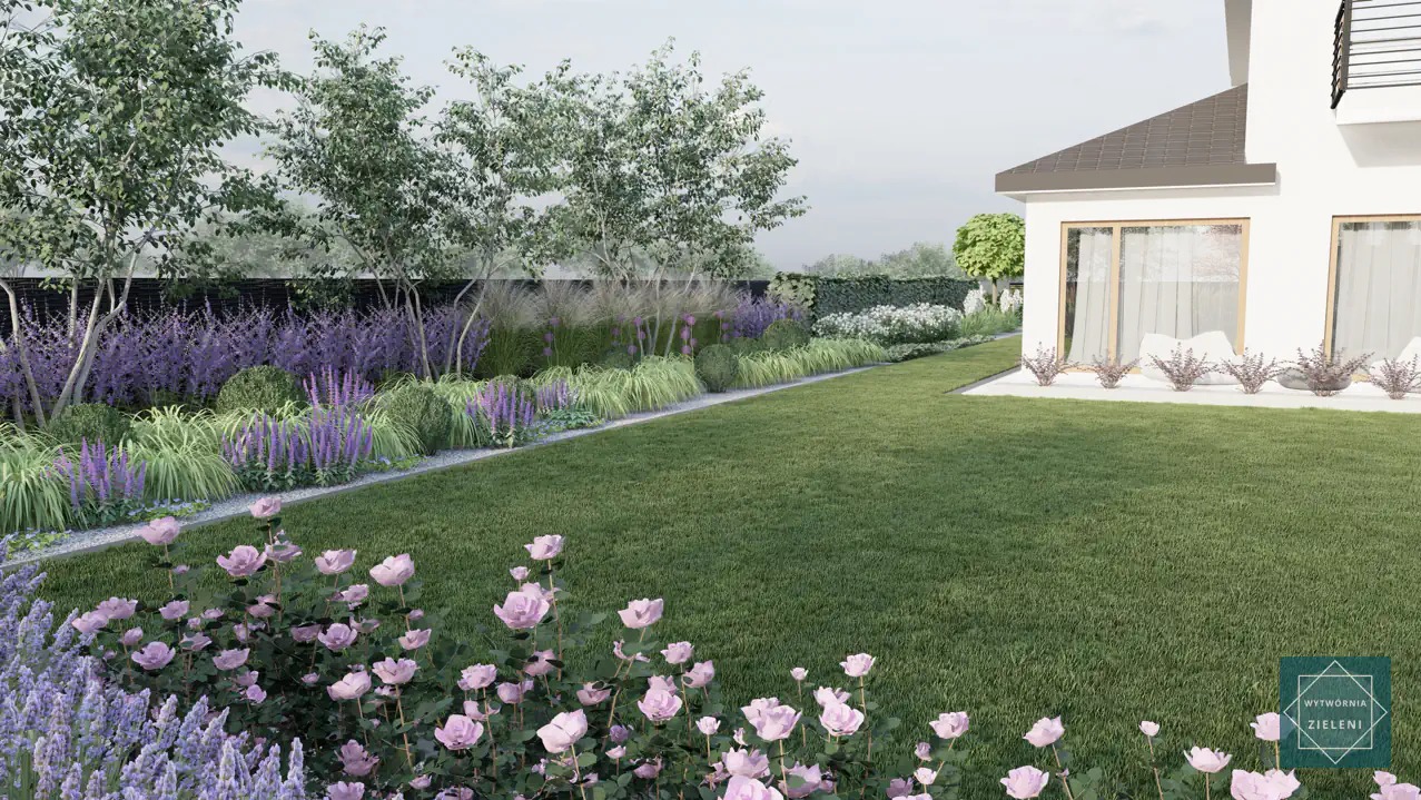 Wizualizacja ogrodu z kwitnącymi różami na pierwszym planie, równo przystrzyżony trawnik, rabaty z lawendą i kulistymi krzewami wzdłuż ogrodzenia, nowoczesny dom z dużymi oknami w tle.