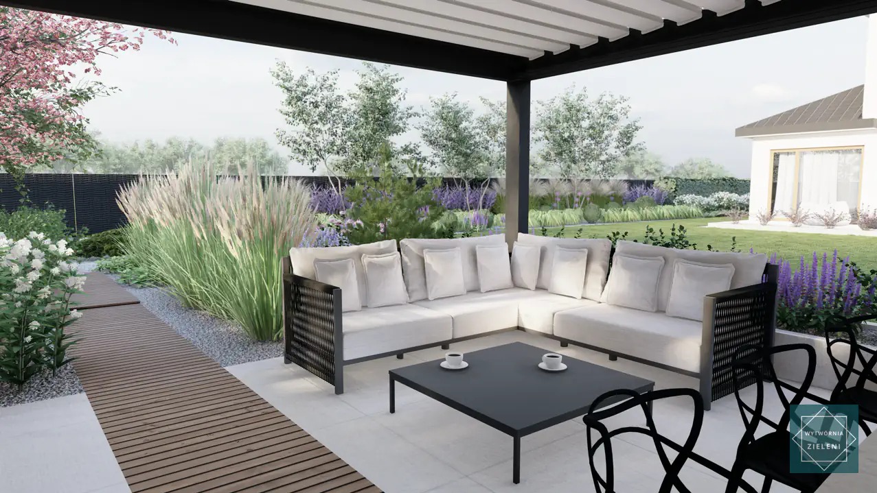 Wizualizacja tarasu z pergolą, białym narożnikiem z poduszkami, czarnym stolikiem kawowym z dwoma filiżankami, drewnianą ścieżką i ozdobnymi trawami.