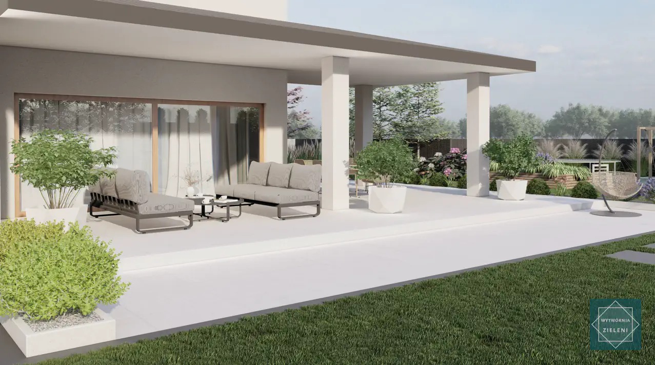 Wizualizacja nowoczesnego tarasu z meblami ogrodowymi, roślinami w białych donicach i wiszącym fotelem na tle zadbanego trawnika.