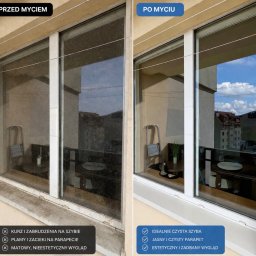 Volodymyr Beskorovainyi - Okno balkonowe przed i po umyciu. Po lewej szyba brudna, po prawej idealnie czysta, z odbiciem nieba. Widoczne różnice w czystości parapetu i ogólnym wyglądzie.