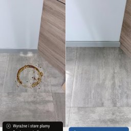 Volodymyr Beskorovainyi - Płytki podłogowe przed i po myciu. Po lewej widoczne stare plamy, po prawej czysta, lśniąca podłoga. Porównanie efektu sprzątania.