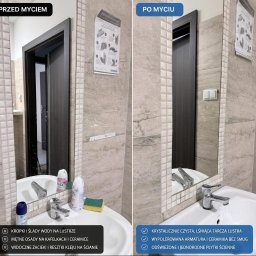 Volodymyr Beskorovainyi - Łazienka przed i po myciu: lustro z zaciekami i czyste, armatura wypolerowana, odświeżone płytki. Porównanie stanu przed i po sprzątaniu, widoczne różnice w czystości.