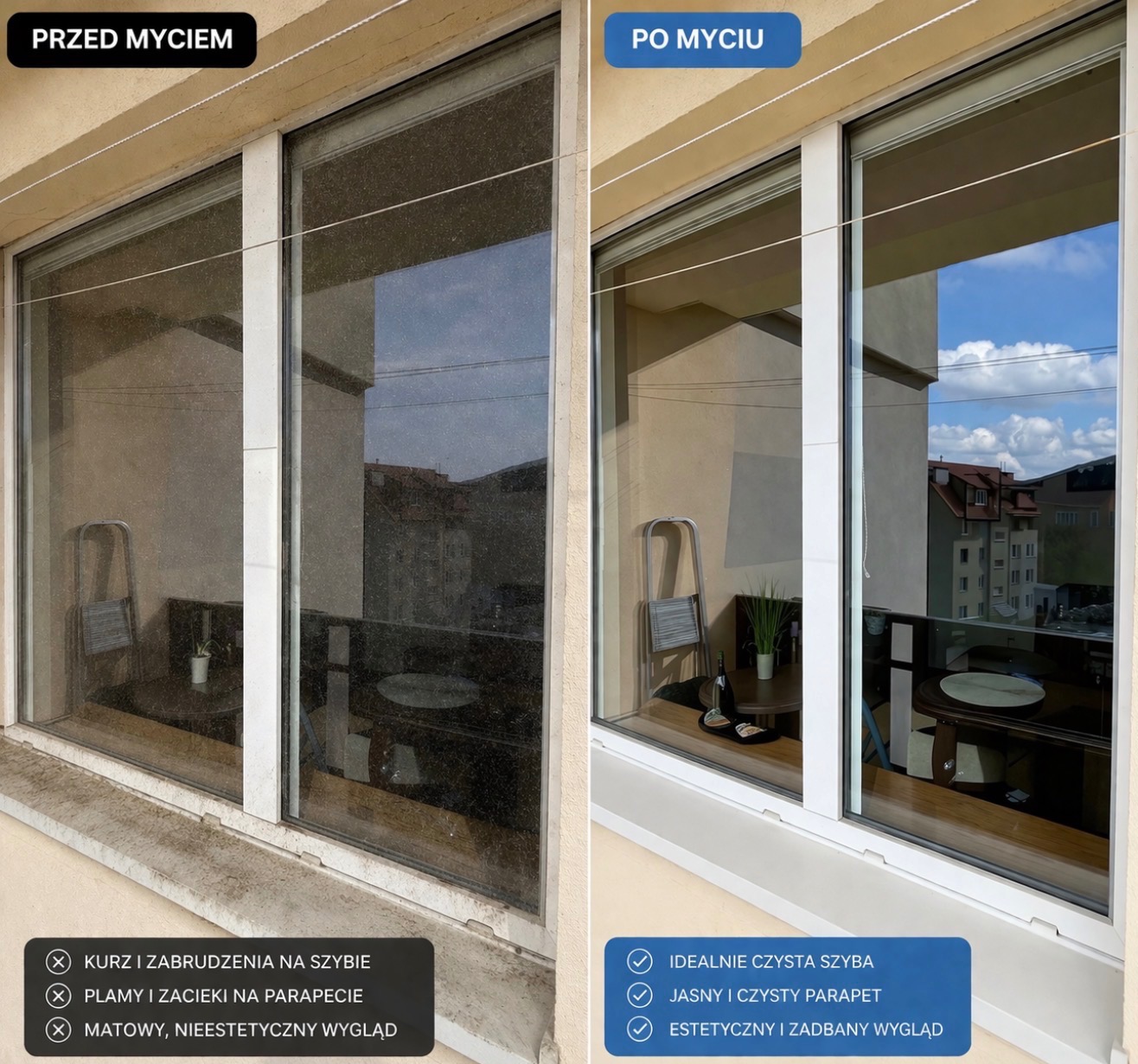 Okno balkonowe przed i po umyciu. Po lewej szyba brudna, po prawej idealnie czysta, z odbiciem nieba. Widoczne różnice w czystości parapetu i ogólnym wyglądzie.