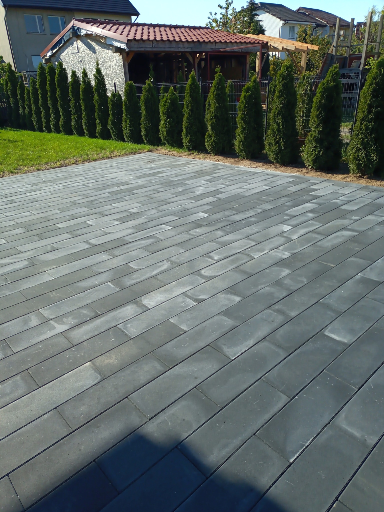 Nowa, szara nawierzchnia z prostokątnej kostki brukowej ułożona wzorem jodełki, z rzędem tuj w tle.