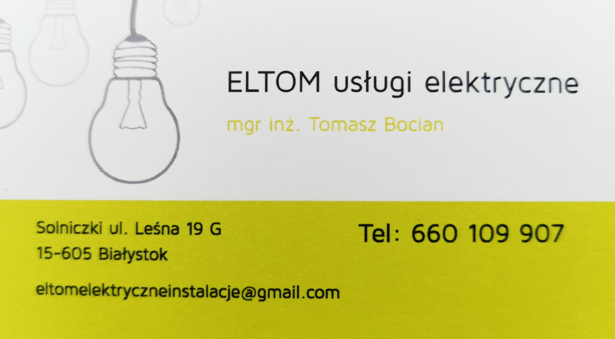 Wizytówka firmy ELTOM świadczącej usługi elektryczne, z adresem, numerem telefonu i adresem e-mail.