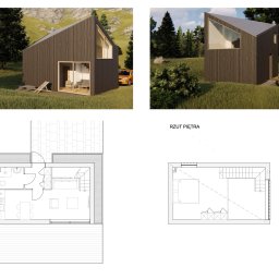 KLTW-studio architekt Krzysztof Litwa - Wizualizacja nowoczesnego domu z ciemnego drewna z planami parteru i piętra. Dom otoczony zielenią, z żółtym samochodem w tle. Minimalistyczny design.