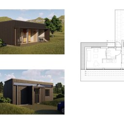 KLTW-studio architekt Krzysztof Litwa - Wizualizacja nowoczesnego, parterowego domu z ciemnego drewna, z planem architektonicznym wnętrza. Ujęcie z zewnątrz prezentuje minimalistyczny design i otoczenie.