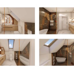 KLTW-studio architekt Krzysztof Litwa - Wizualizacja łazienki na poddaszu z oknem dachowym, marmurową podłogą i brązowo-złotymi akcentami. Widoczne umywalki, wanna i kabina prysznicowa.