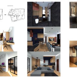 KLTW-studio architekt Krzysztof Litwa - Kolaż wizualizacji wnętrz: łazienka z czarnym marmurem, pokój z biurkiem i regałem, salon z kuchnią w odcieniach granatu i drewna, oraz plan mieszkania przed i po zmianach.
