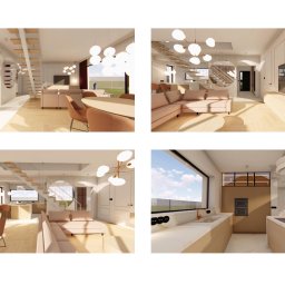 KLTW-studio architekt Krzysztof Litwa - Wnętrze domu w beżowej tonacji: salon z sofą, jadalnia ze stołem i krzesłami, schody z drewnianymi stopniami, kuchnia z oknem na ogród. Nowoczesne lampy kuliste.